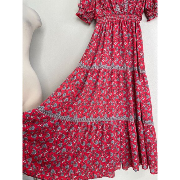 Max Studio Womens Medium Red Floral Maxi Tiered Dress Ruffle Trim Short Sleeve - Picture 6 of 9